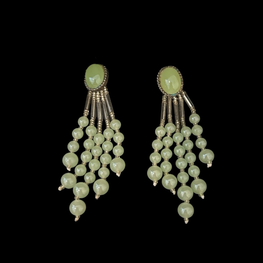 Jade Green Stone & Beaded Dangle Earrings